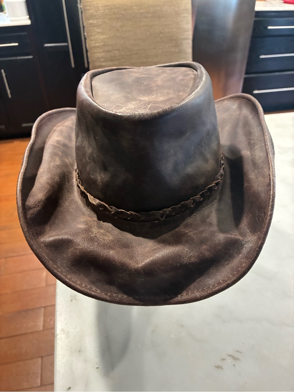 Distressed cowboy hat, Brown Leather Outback Cap, Braided Band Western Headwear